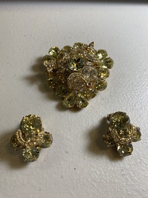Vintage Eisenberg Gold Tone Topaz Rhinestone Brooch/Pin and earrings beautiful 