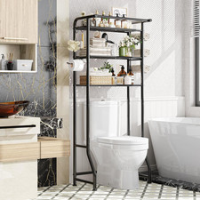 Metal Bathroom Storage Cabinet with Paper Holder and Hooks, 3-Tier, Black