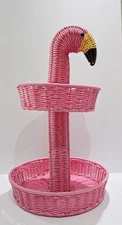 Ciroa Hello Summer Pink Flamingo 2 Tier Serving Stand Tray Wicker Woven Party