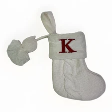 St. Nicholas Square Monogram K Mini 8” Christmas Stocking Cable Knit Pom Pom EUC