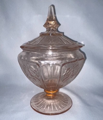 Anchor Hocking Depression Glass Mayfair Open Rose Pink Footed Covered Candy Dish