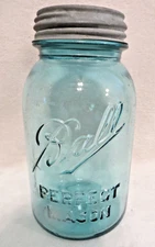 Vintage Ball Perfect Mason #13 Blue Canning Jar & Zinc Lid w/ Glass Insert