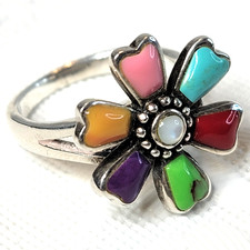 Vintage Multi-Gemstone Flower Ring Silver 925 Size 7.75, 3/4" Wide, 7g SX