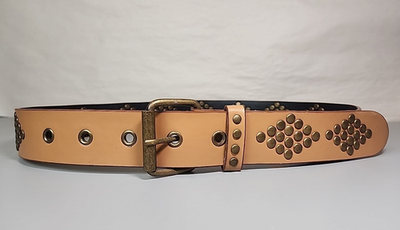 Womens Studded Tan Belt Faux Vegan Leather Brass Tone  display picture 3