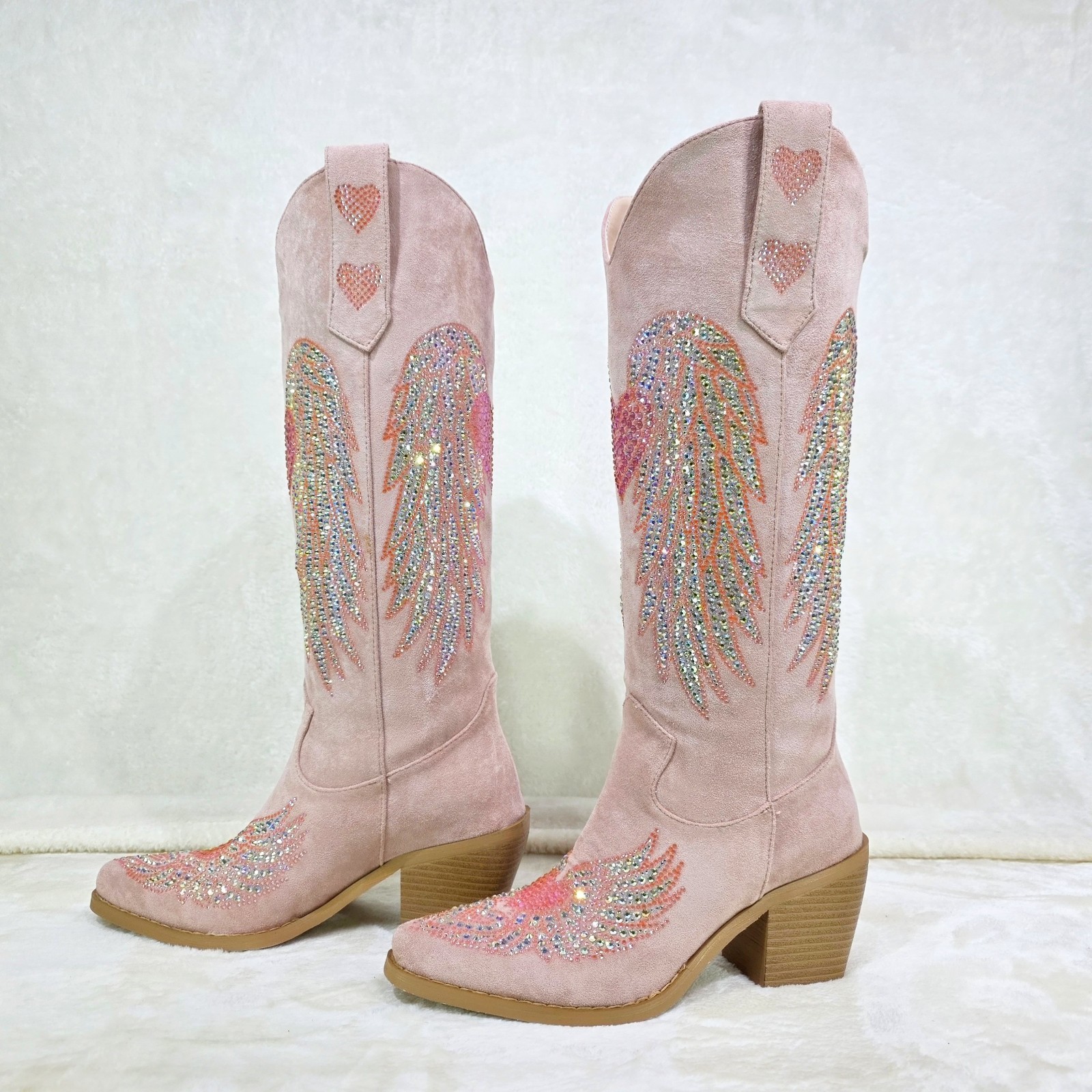 Angel  Wings Dusty Pink Rhinestone Country Western Cowgirl Knee Boots