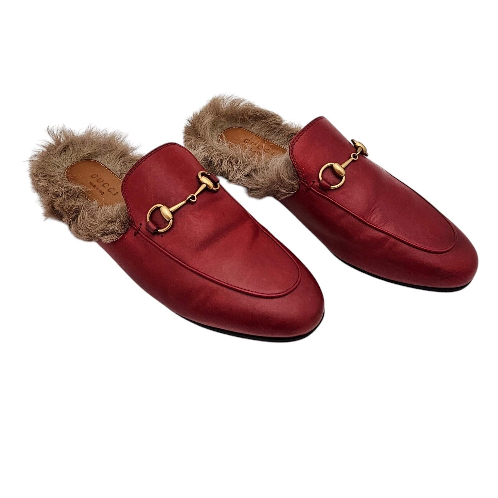 Gucci Princetown Horsebit fourrure doublée mulet plat taille 38 US 8 cuir rouge à enfiler