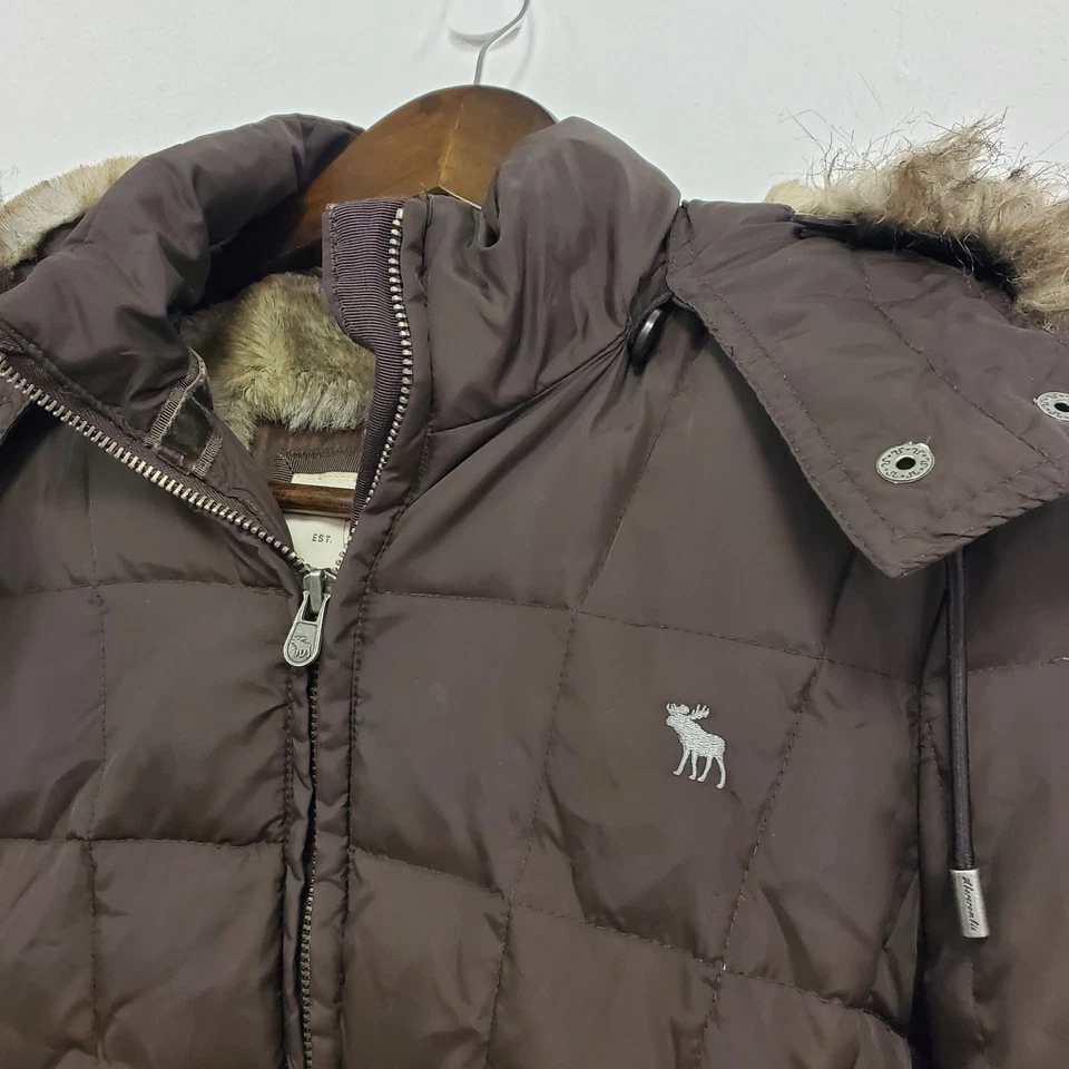 Abercrombie & Fitch Womens Y2K Fur Lined Down Jacket Size S Brown Preppy Layers - Image 3 of 4