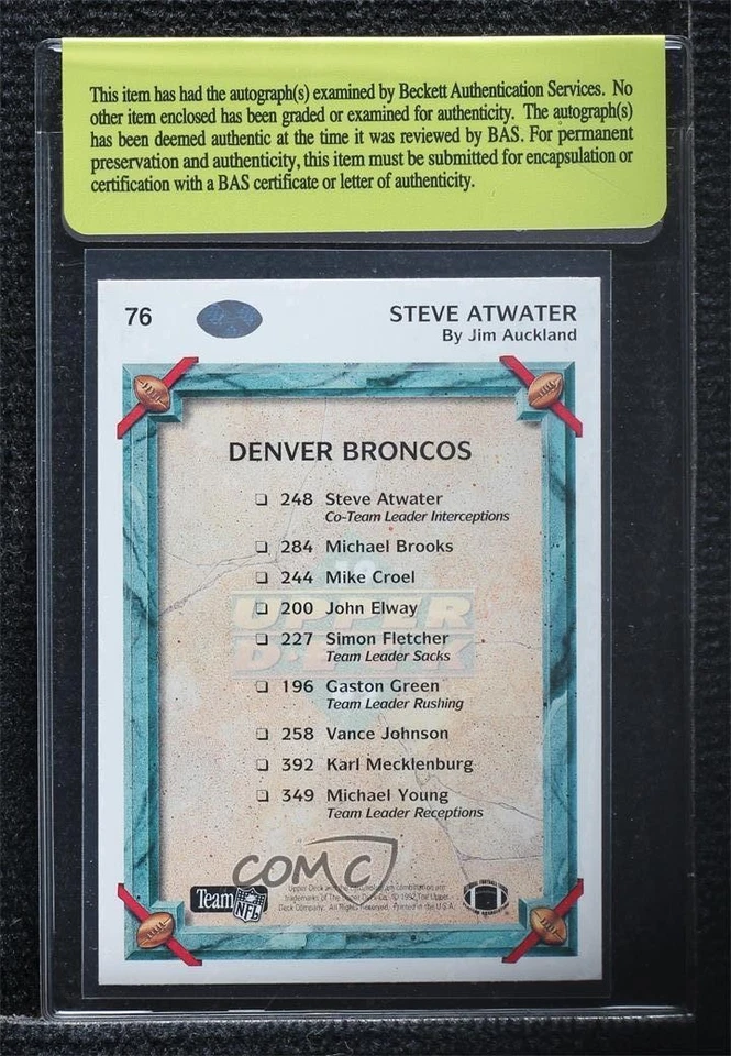 BAS 1992 Upper Deck Steve Atwater #76 Beckett Auth Sticker Auto HOF - Image 2 of 2