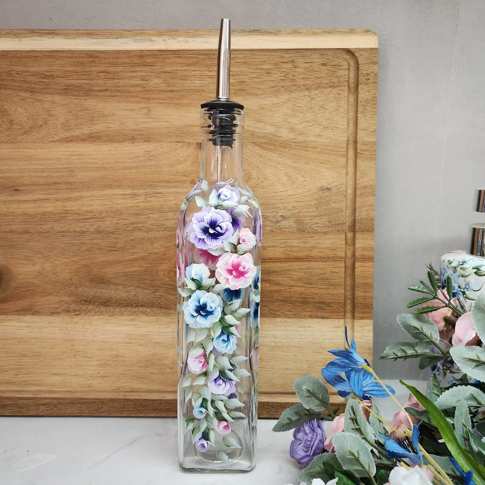 Oil Vinegar Glass Cruet Bottle Soap Dispenser Multi-colored Roses Hand Painted