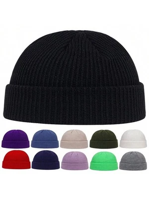 MEN MINI SHORT FISHERMAN BEANIE HAT WINTER WARM KNITTED RIBBED DOCKER SKULL CAP