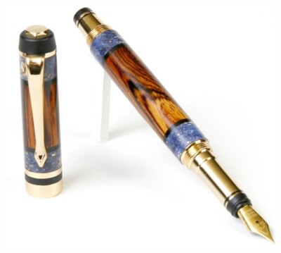 Lanier Pens, Elite Fountain Pen, 24kt Gold, Cocobolo with Blue Box Elder Inlays