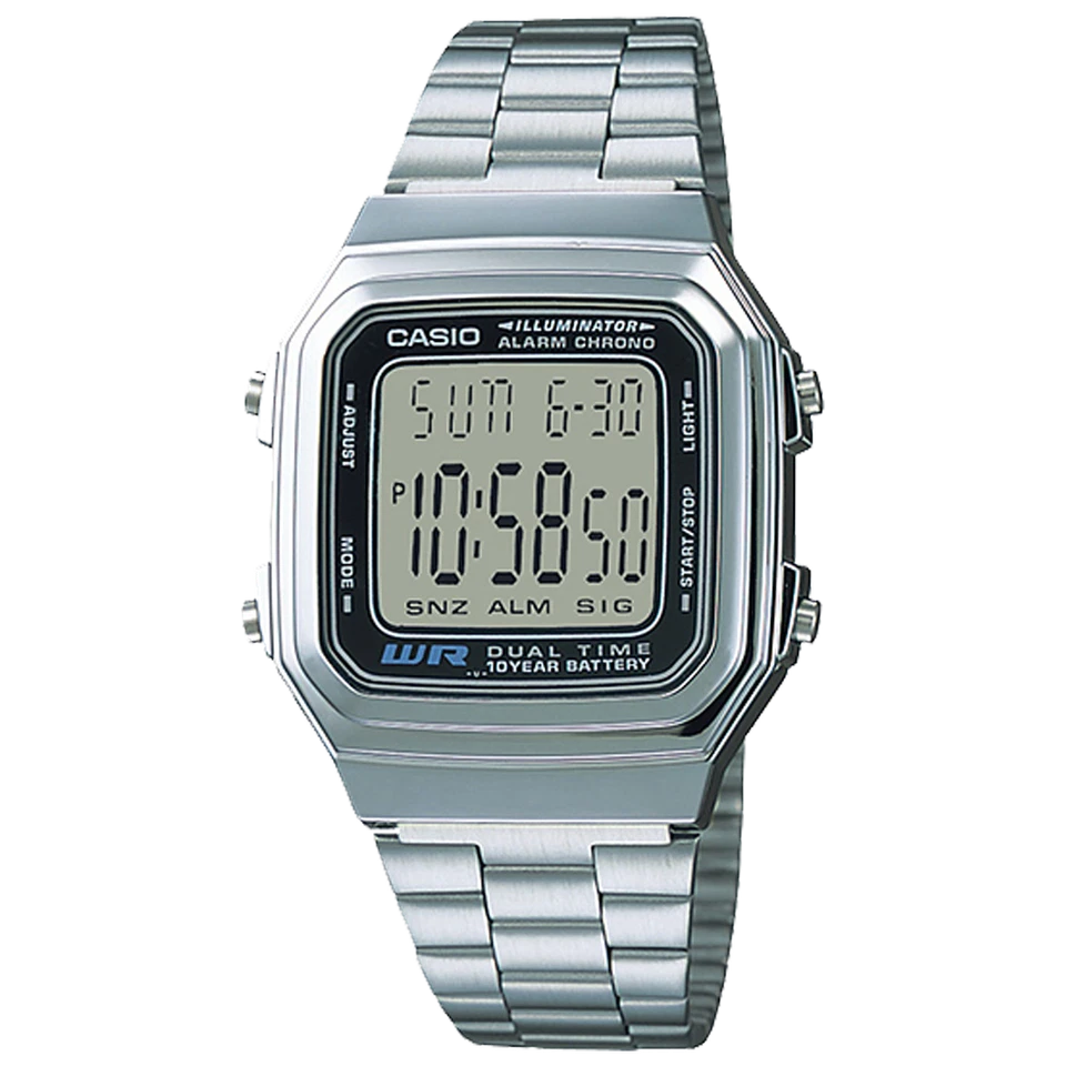 Casio A178WA-1ADF Digital SS Dual Time Alarm Chrono Illuminator 10-Yr Battery