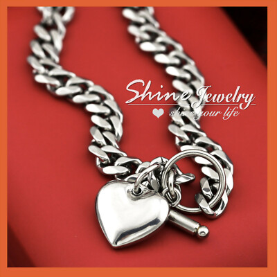 18K GOLD GF SILVER DIAMOND CUT CURB CHAIN BOLT RING LOVE HEART BANGLE BRACELET