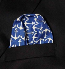 Gascoigne Hand Stitched Pocket Square Cotton Blue White Nautical Anchor Pattern