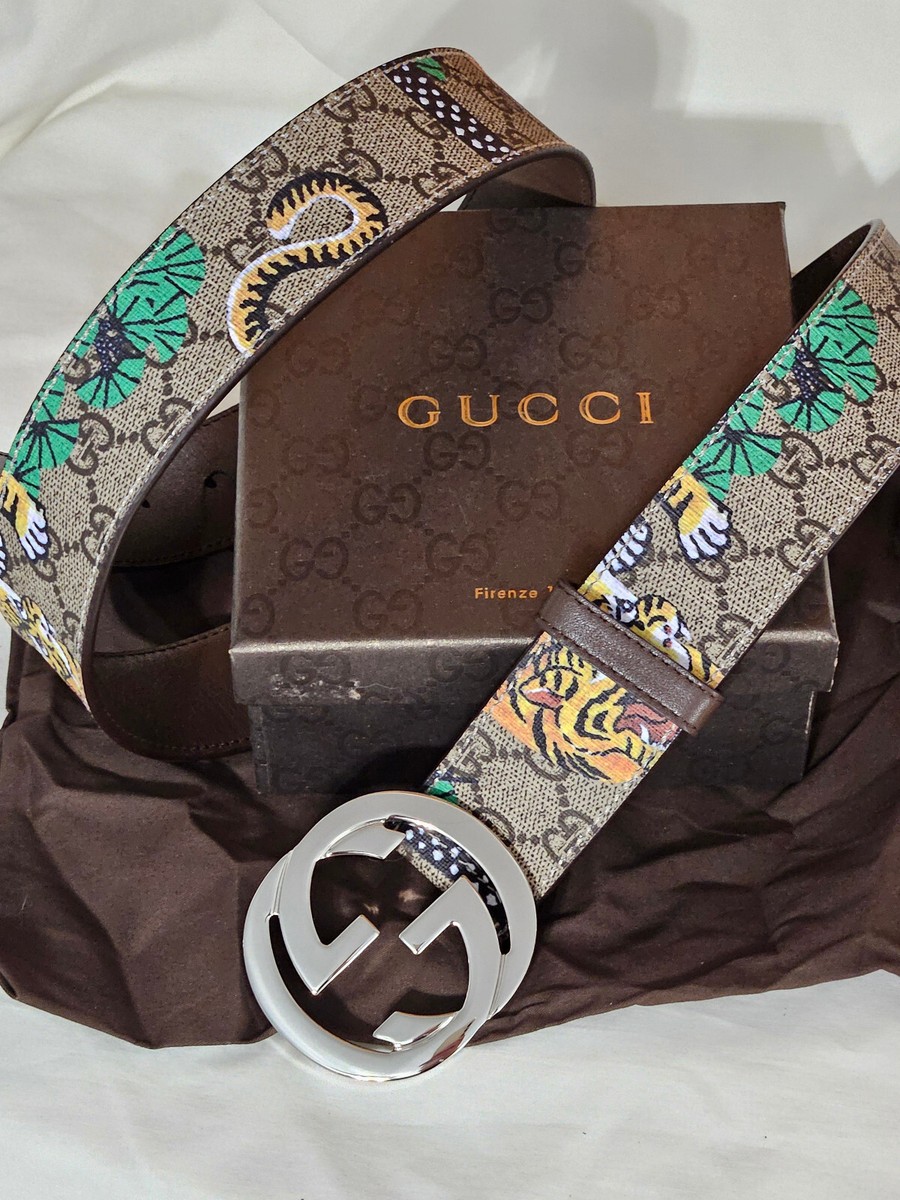 Mens Gucci Tiger Belt Brown Monogram Silver Size Size 32-34