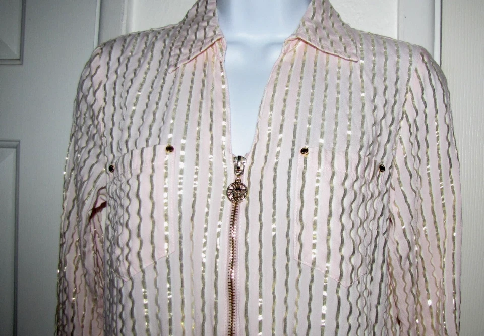 Anne Klein 全拉链衬衫粉色带金色金属条纹 2/3 袖 Wm's XS — 第 3/4 张图片