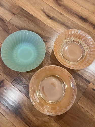 Lot 3 Vintage Anchor Hocking Fire King Jadeite Peach Lustre Swirl Bowl 8.5”