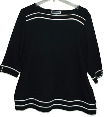 Karen Scott Shirt Womens Plus 3X Black Knit Long Tunic White Trim Square Neck