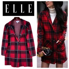 Elle Large 12 14 Jacket Coat Duster Plaid Red Black Stretch K