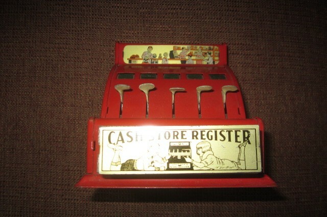 как выглядит Antique Red Metal Toy Cash Register Signed Thedura Novelty фото