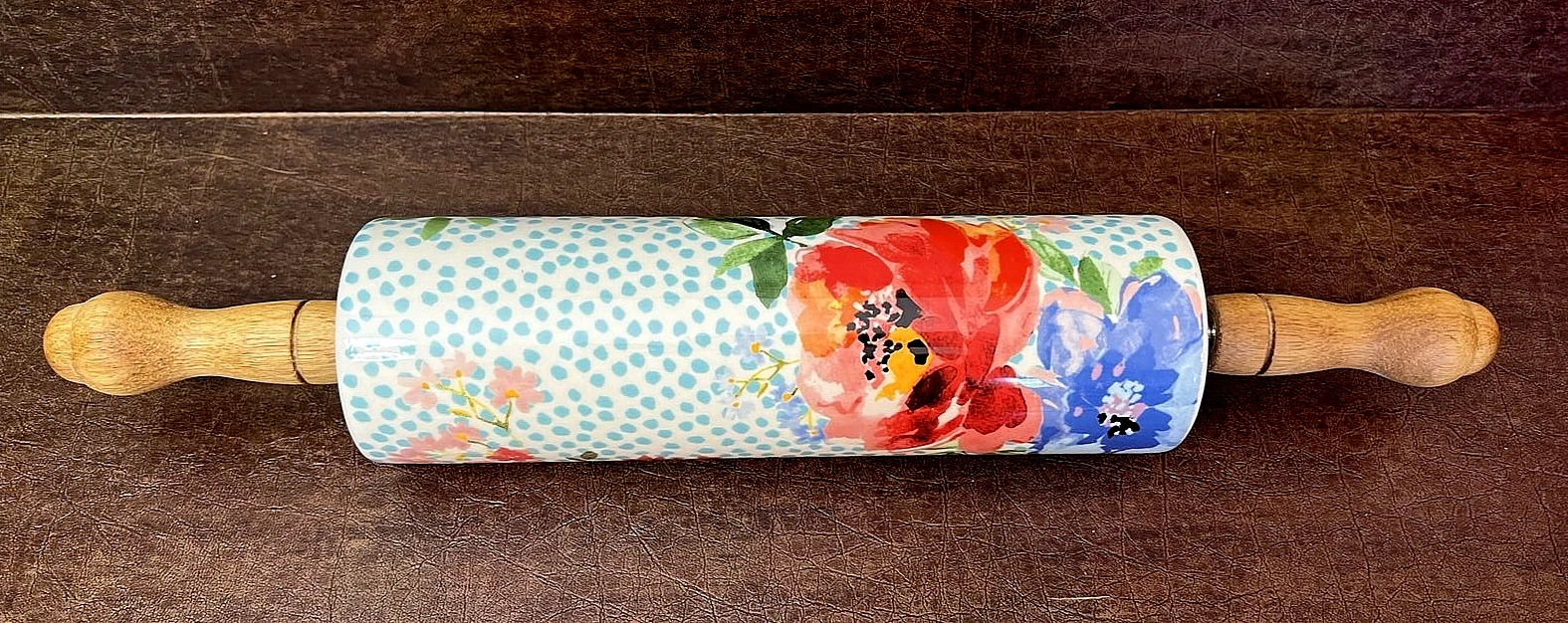 Pioneer Woman "Spring Melody" Floral Ceramic Rolling Pin Wood retired