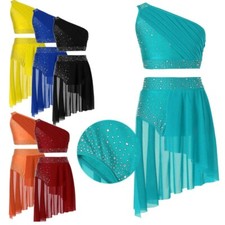 Kids Girls Dancewear Stylish Crop Top With Skirted Briefs One Shoulder Shiny