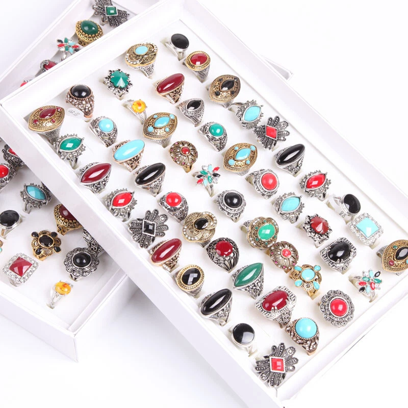 wholesale bulk lot 50pcs mix styles metal alloy jewelry rings with a display box - Imagem 2 de 4