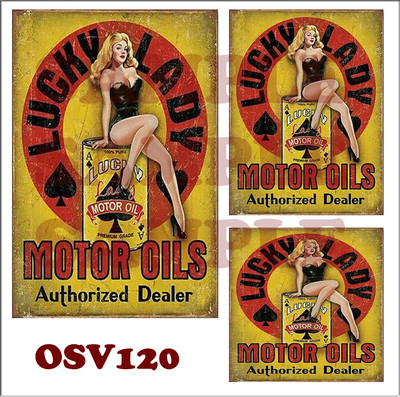 WEATHERED PEEL & STICK BUILDING SIGN DECALS LUCKY LADY MOTOR OIL O SCALE OSV120