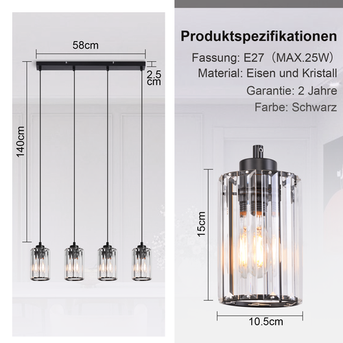 4 Flammig Gerade E27 Kristall Pendelleuchte ohne Glühbirnen für Esszimmer Küche - Bild 2 von 9