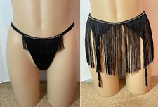 VICTORIA'S SECRET SATIN Rhinestones FRINGE V-STRING PANTY GARTER BELT Skirt Set