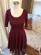 LulaRoe Deep Burgundy Red Textured Floral Nicole Fit Flare Stretch Dress XXS
