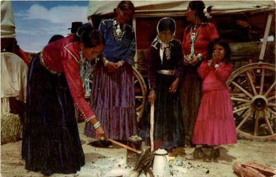 Navajo, women, campfire, traditional attire, cultural heritage, communi Postcard