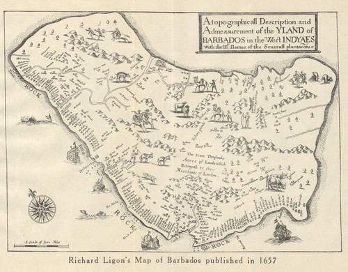 "YLAND OF BARBADOS". Plantations. After Ligon 1657. West Indies 1931 old map