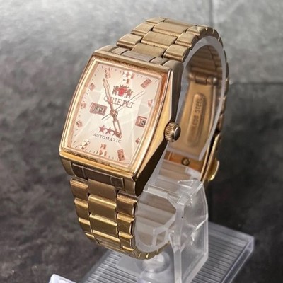ORIENT Three Star Automatic Watch Tonneau Gold NQ49-R0 Crystal 21 Jewels Day Dat