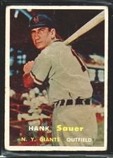 1957 TOPPS BASEBALL NEW YORK GIANTS YANKEES HANK SAUER CARD #197 GD-VG CENTERED