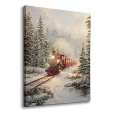 Vintage Christmas Winter Wall Art Decor, Rustic Christmas Train Framed Canvas...