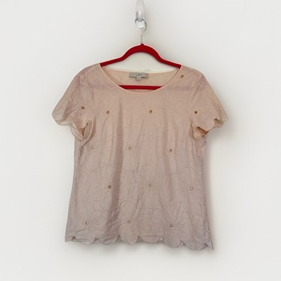 Loft Sz M Pink Embroidered  Eyelet Cap Flutter Sleeve Cotton Blouse Shirt