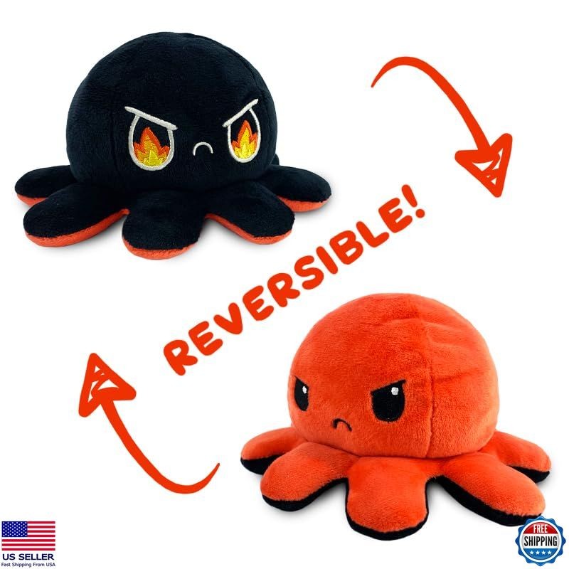 TeeTurtle Reversible Octopus Plushie - 4" Angry Red & Rage Black Sensory Fidget