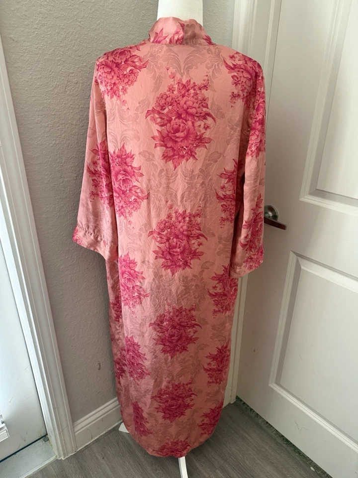 Bata Larga August Silk Intimates Rosa Rosa Floral Talla L 100% Seda Kimono Foto 3 de 4