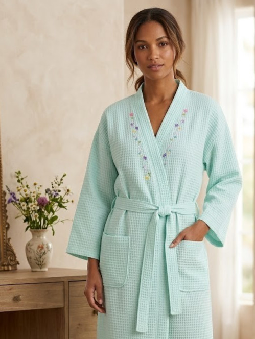 Anne Lewin of NY Mint Green Waffle Weave Spa Robe Women's Embroidered Tie Belt L