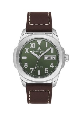 Mens 45mm Quartz Watch Leather Strap Brown / Green Dial Day-Date