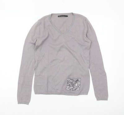 Berenice Damen Pullover grau V-Ausschnitt Pailletten, Größe S