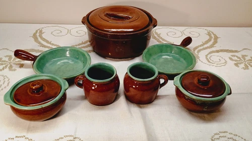 Hull Style Pottery Drip Glaze Handle Individual Casserole Dishes Turquoise Brown