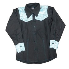209329 Royal Highness Girls Black/Turquoise Yoke Long Sleeve Button Down Shirt