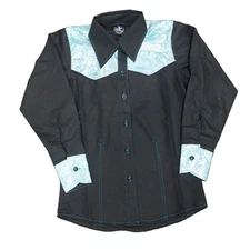 209329 Royal Highness Girls Black/Turquoise Yoke Long Sleeve Button Down Shirt