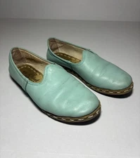 Sabah Shoes Size 37 Slip On Flat Leather Light Turquoise Blue Handmade Turkish