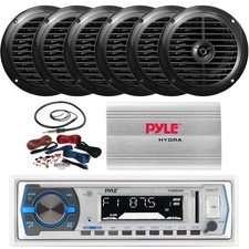 Pyle Single DIN MP3 Bluetooth Marine Receiver, 6x 6.5" 120W Speakers, Amp W/Kit