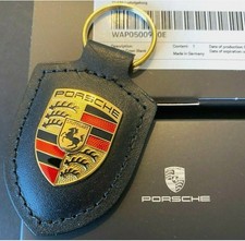 Luxury Black Leather Porsche Crested Keyring/ Key Tag- New 