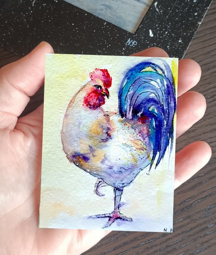 Rooster Original ACEO Bird Animal Watercolor Collectable Painting Signed