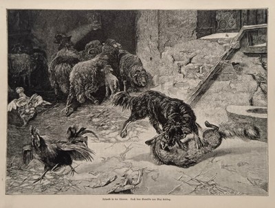 1885 Holzstich wood engraving Hund Fuchs Hof Dog vs Fox Farm Scene Max Lebling